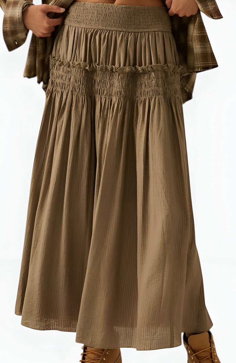 Modenaire Smocked Tiered Ruffle-Trim Flowy Maxi Skirt, Alternate, color, Olive Green