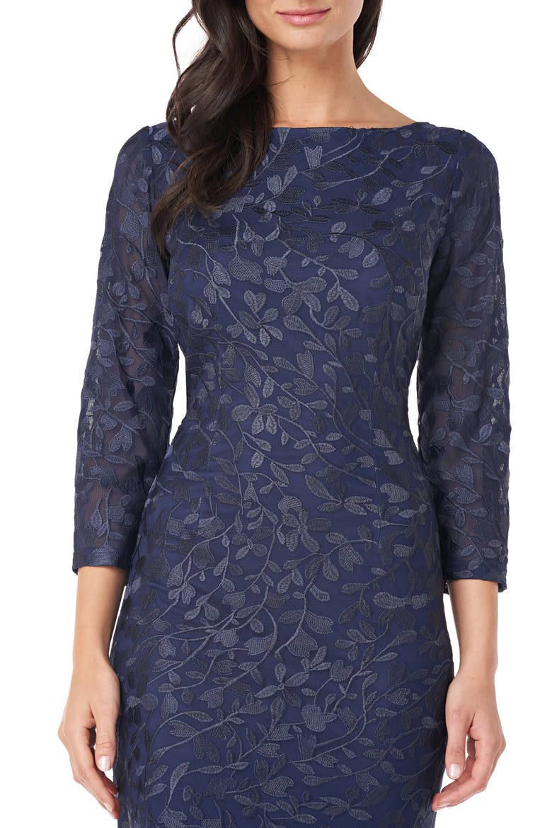 Leaf Embroidered Sheath Cocktail Dress, Alternate, color, NAVY