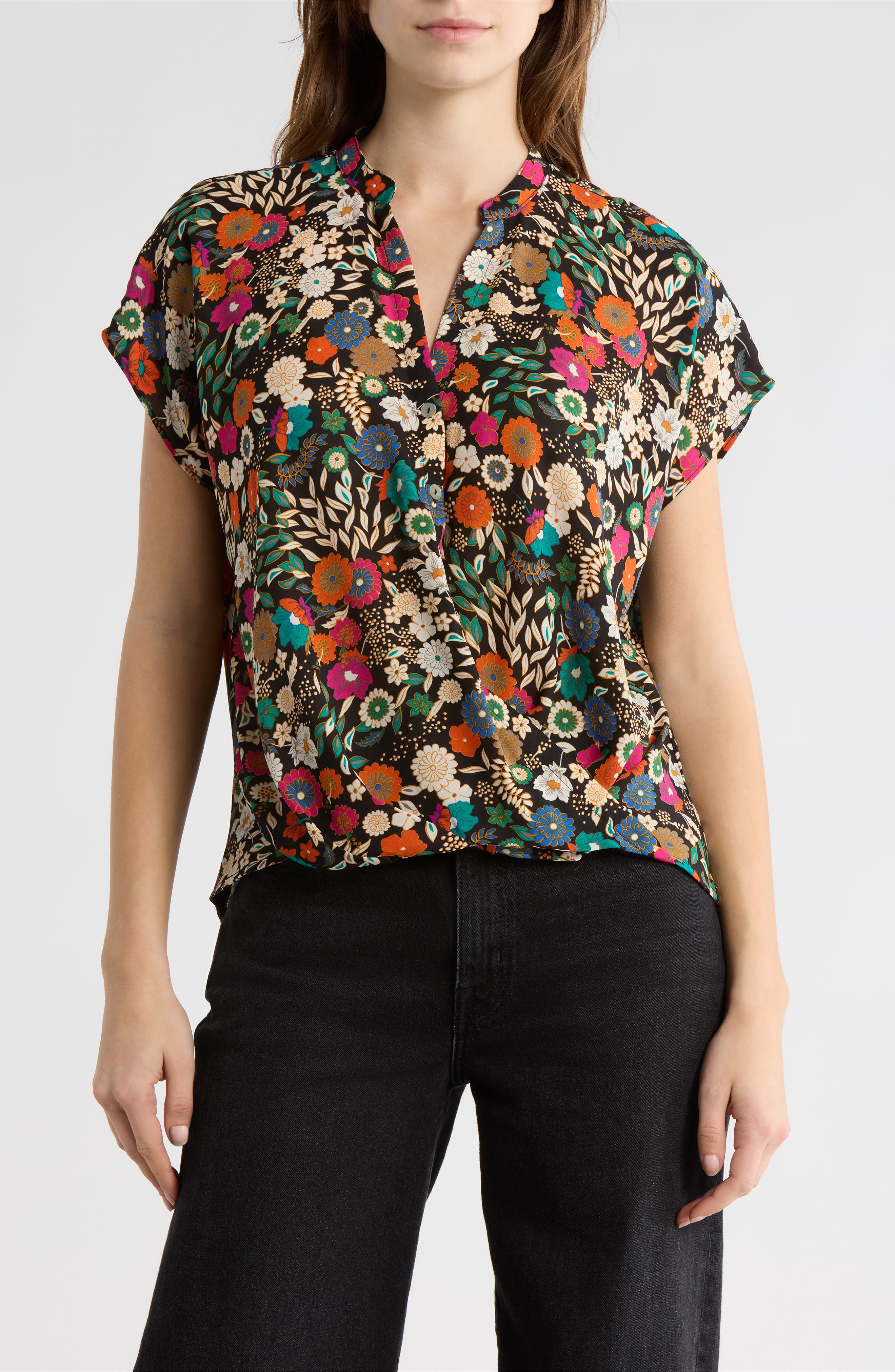 CHENAULT Floral Cap Sleeve Faux Wrap Top