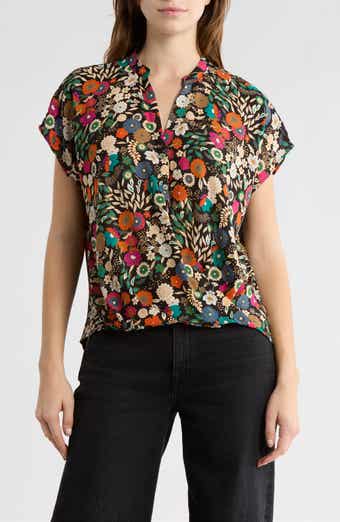 CHENAULT Floral Cap Sleeve Faux Wrap Top