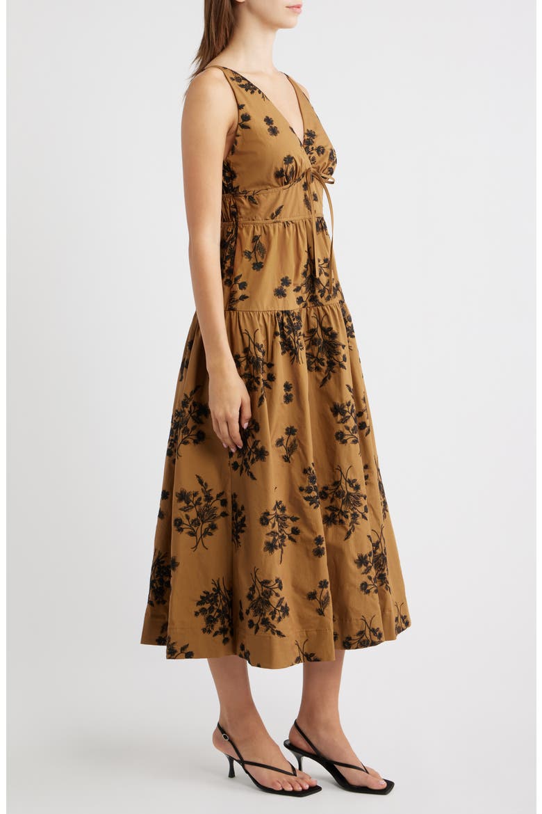 Embroidered Tiered Sleeveless Midi Dress, Alternate, color, CARAMEL
