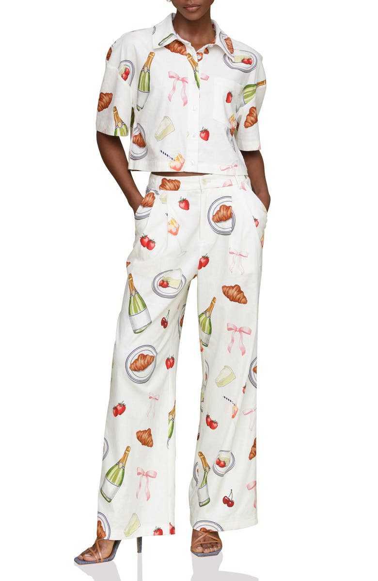 Avec Les Filles Party Print Crop Button-Up Shirt, Alternate, color, Ivory Tabletop Print