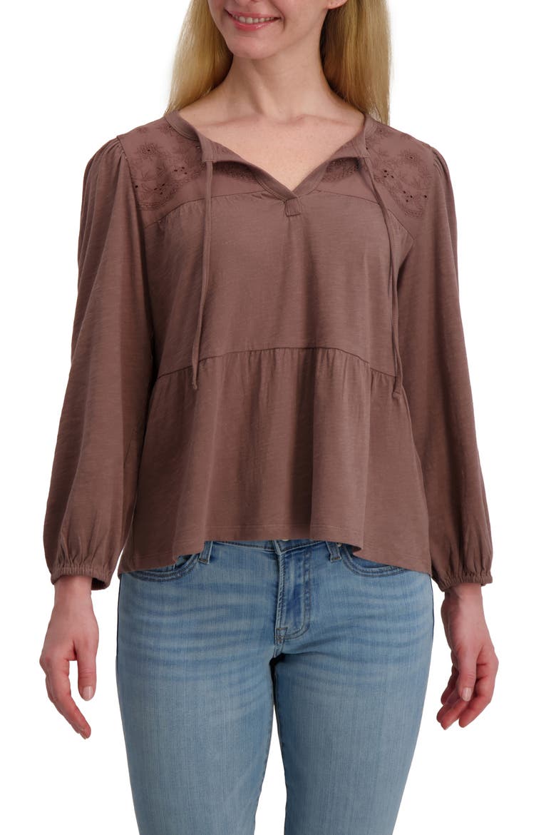 Long Sleeve Cotton Babydoll Top, Main, color, DEEP TAUPE