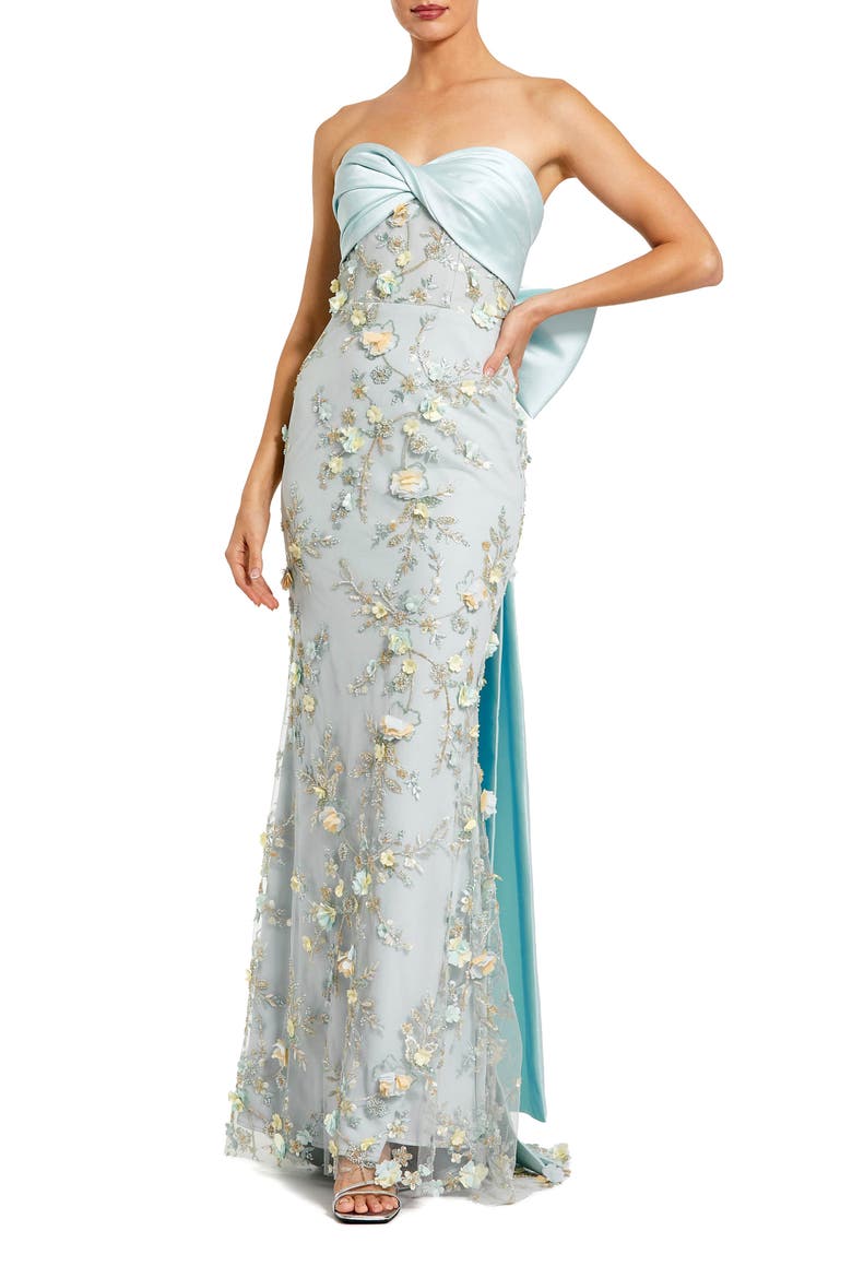 Strapless Sweetheard Embellished Gown With Bow, Main, color, Blue