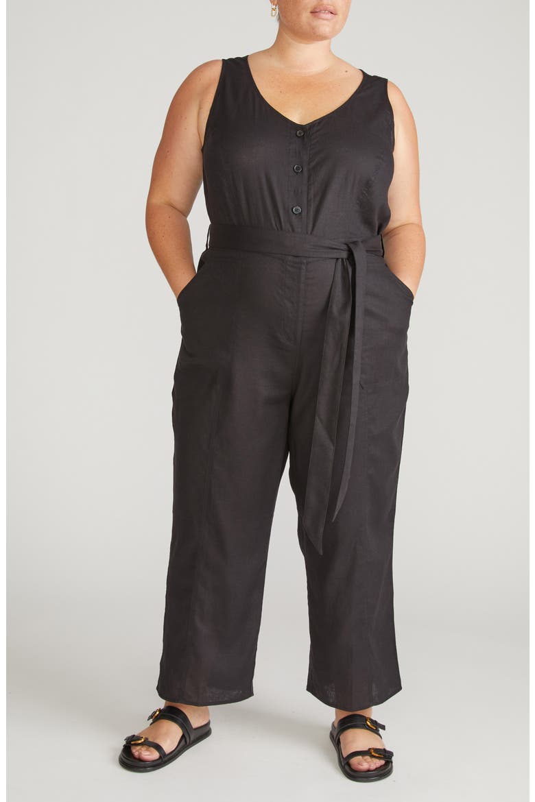 Sleeveless Tie Waist Linen Jumpsuit, Alternate, color, BLACK