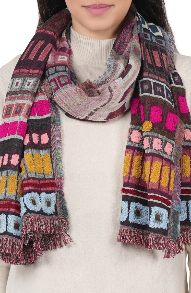 Vismaya Embroidered Cotton & Wool Fringe Scarf, Main, color, Wine
