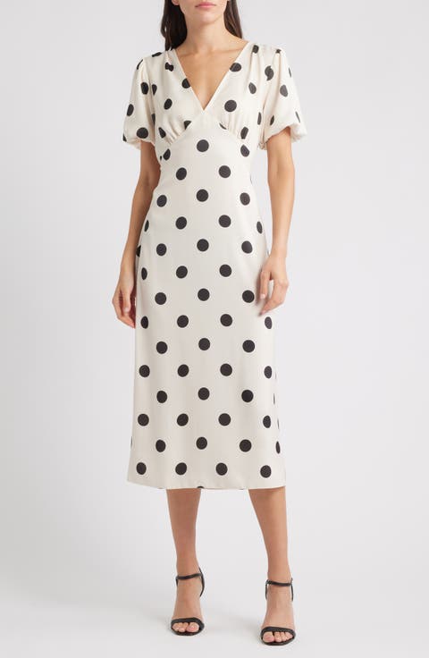 Polka Dot Puff Sleeve Stretch Satin Midi Dress