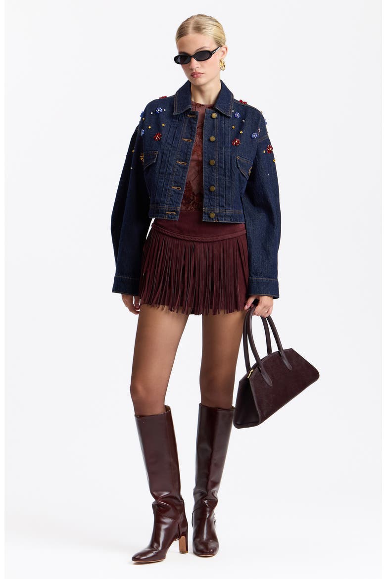 Crystal Embellished Crop Denim Trucker Jacket, Alternate, color, MULTI GEM-DARK RINSE