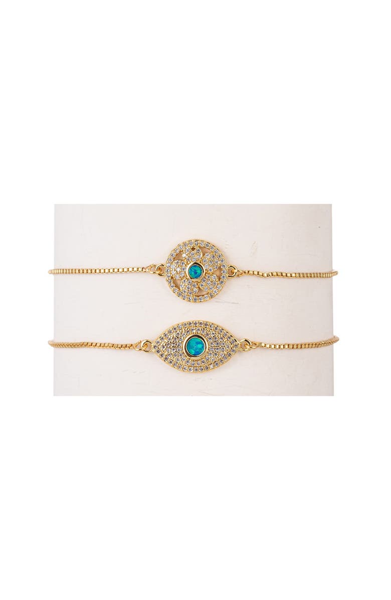 EYE CANDY LOS ANGELES Set of 2 Pavé CZ Imitation Opal Evil Eye & Flower Bolo Bracelets, Main, color, 