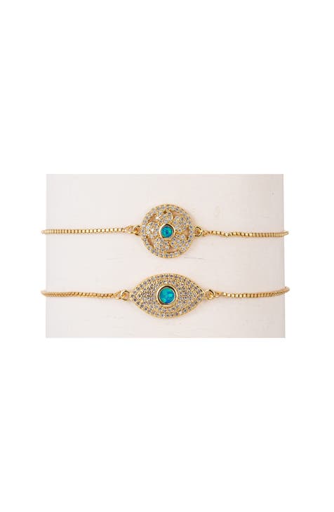 Set of 2 Pavé CZ Imitation Opal Evil Eye & Flower Bolo Bracelets