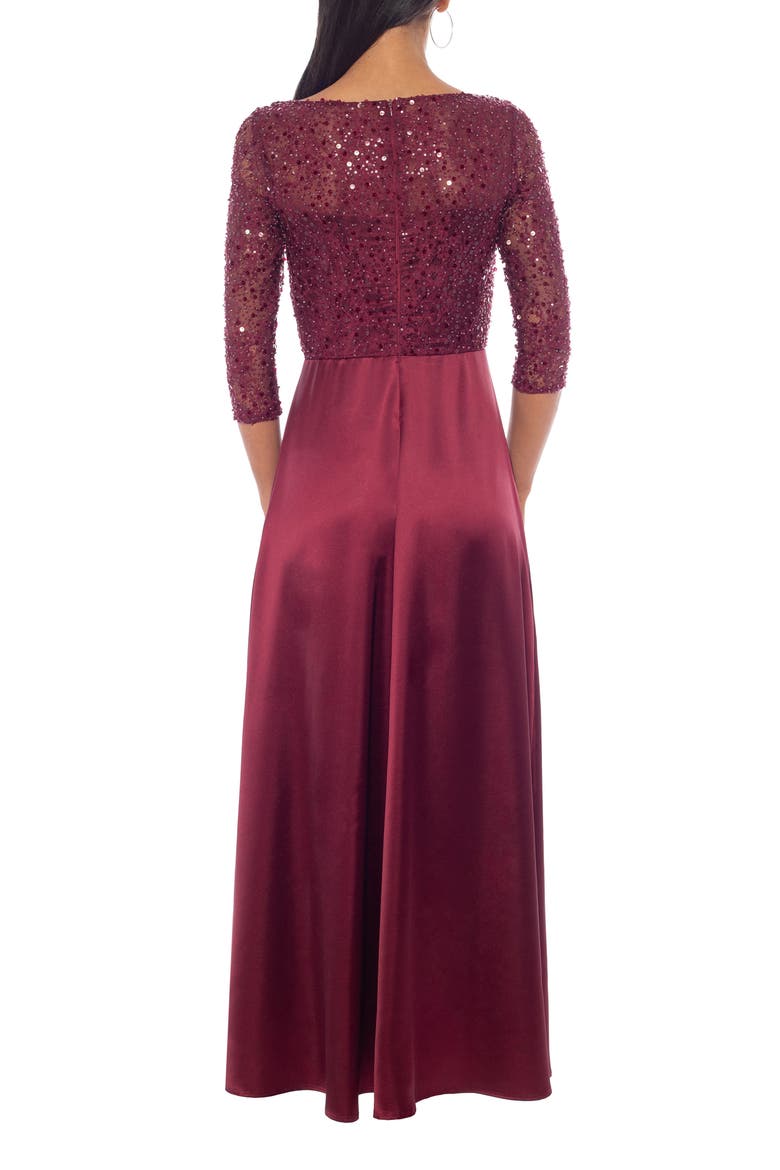 Sequined Lace & Satin Maxi Gown, Alternate, color, WINE