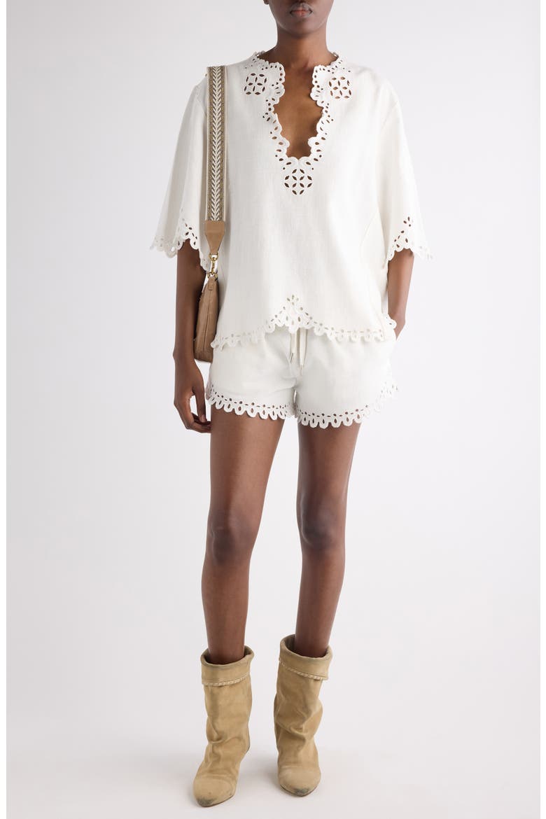 Balyme Eyelet Detail Cotton Drawstring Shorts, Alternate, color, WHITE