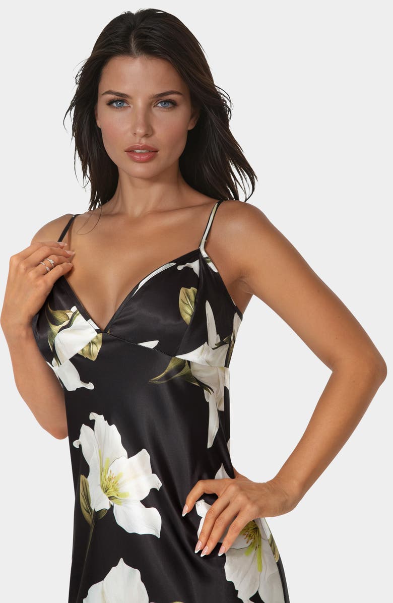 bebe Floral Satin Slipdress, Alternate, color, Black/ Ivory