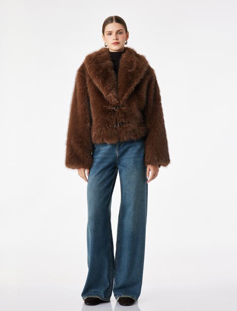 Long Sleeve Collared Faux Fur Jacket With Buckle Closure