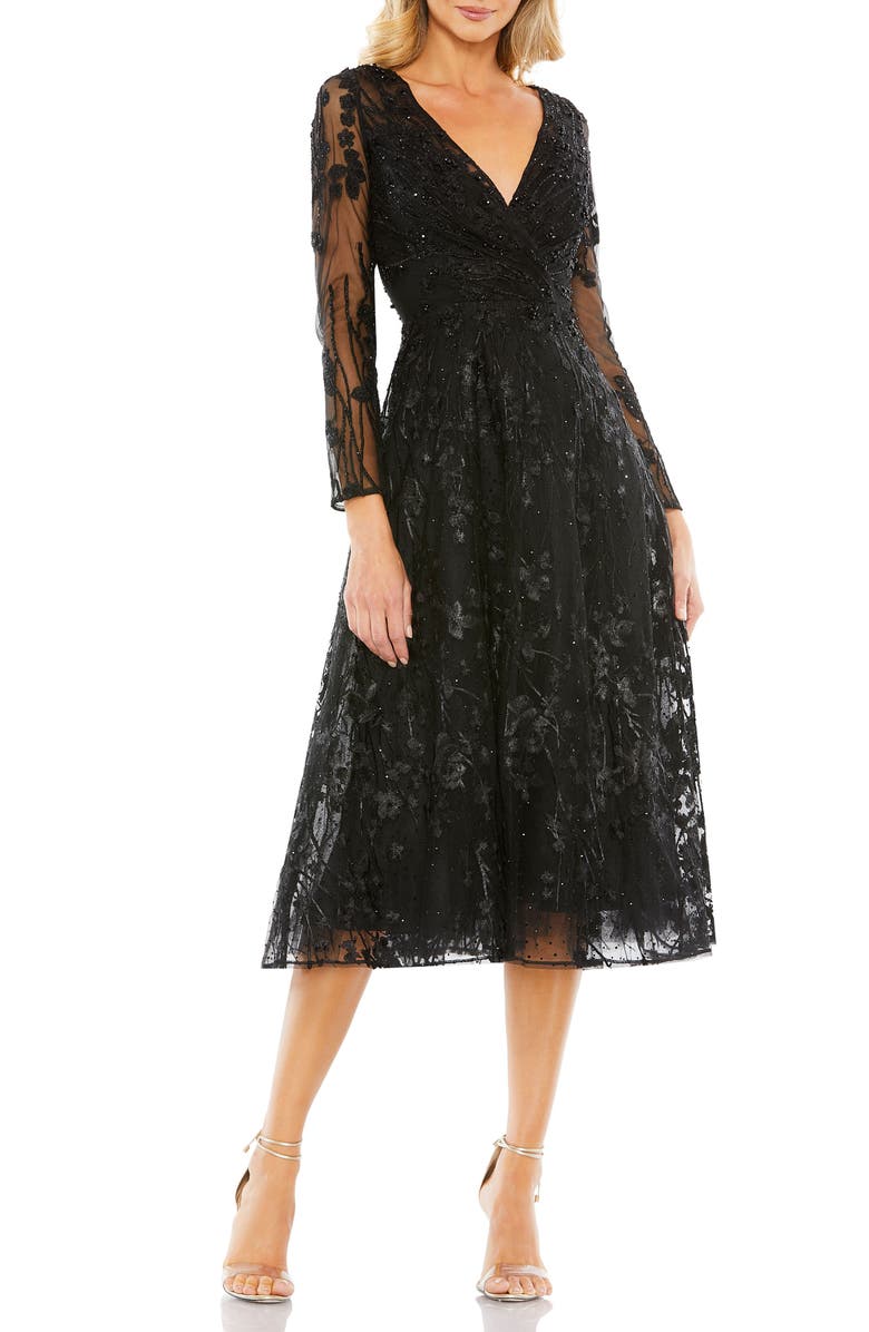 Mac Duggal Embellished Floral Long Sleeve Dress, Main, color, Black