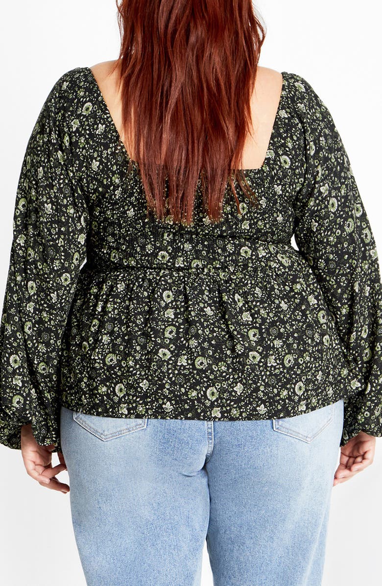 City Chic Monroe Smocked Top, Alternate, color, Olive Ditsy