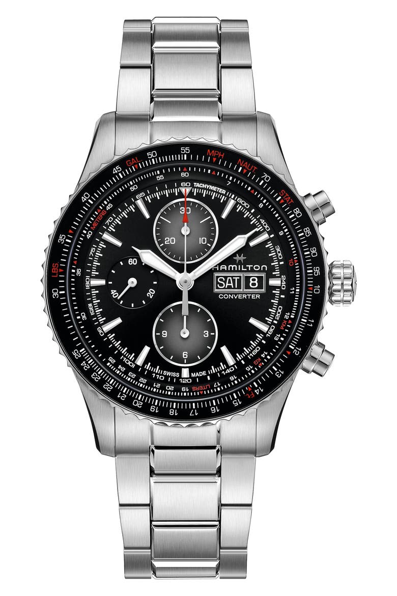 Khaki Aviation Converter Converter Chronograph Bracelet Watch, 44mm, Main, color, BLACK/SILVER