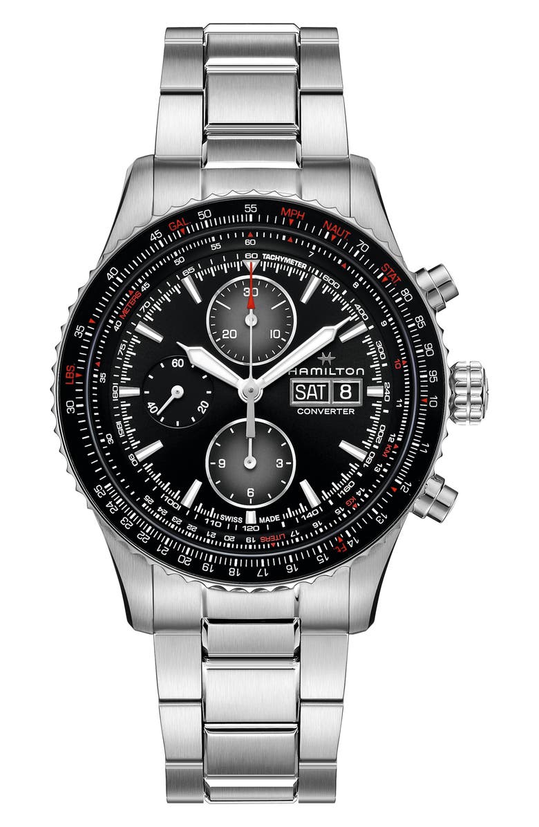 Hamilton Khaki Aviation Converter Converter Chronograph Bracelet Watch, 44mm, Main, color, Black/Silver