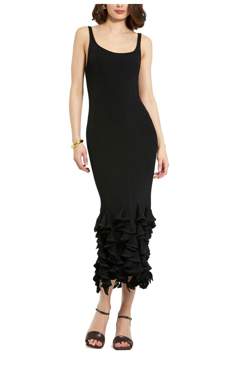 Mac Duggal Rib Knit Sleeveless Ruffle Hem Midi Dress, Main, color, Black