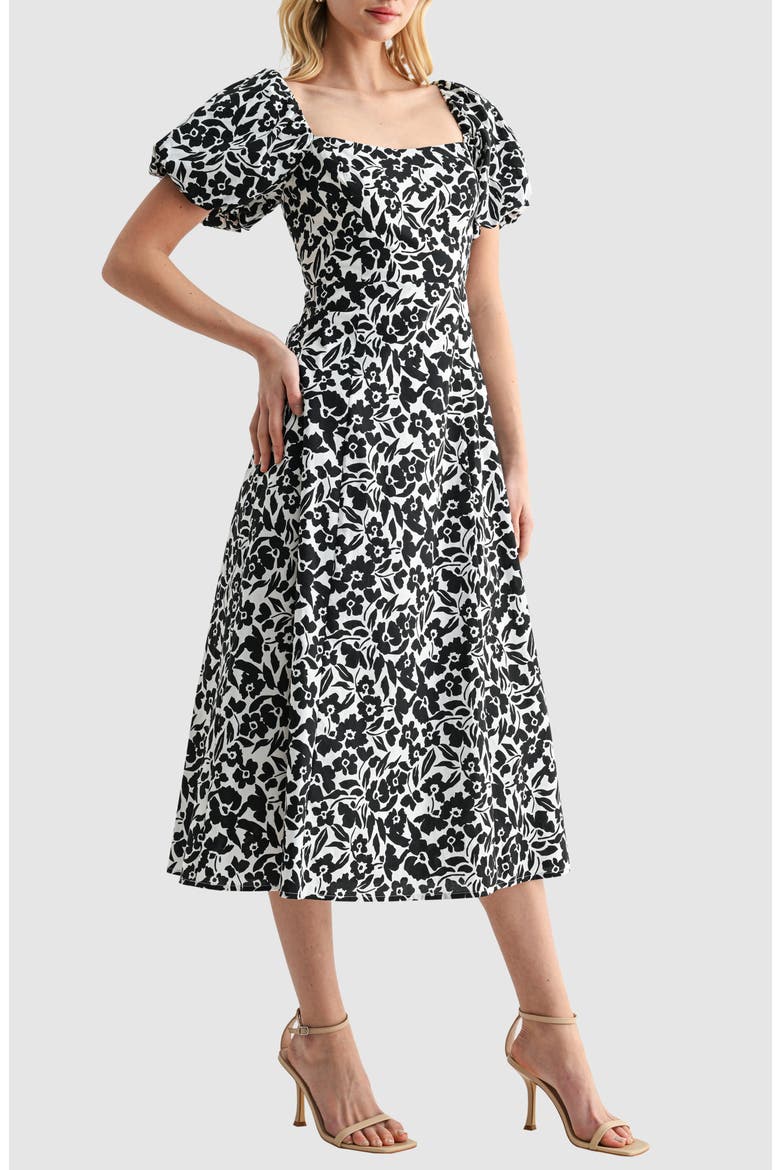 Floral Puff Sleeve A-Line Midi Dress, Alternate, color, WHITE BLACK FLORAL
