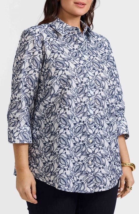 Zoey Embroidered Eyelet Cotton Button-Up Shirt (Plus)