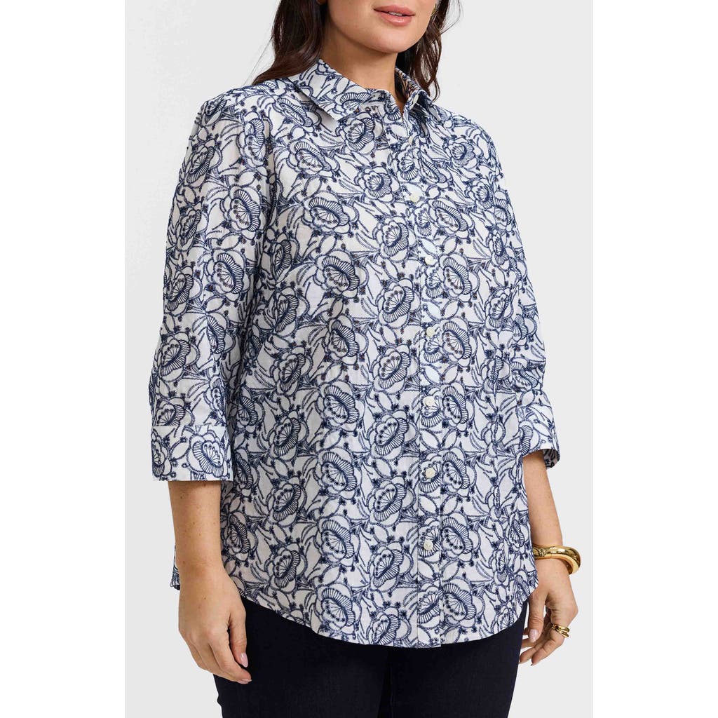 Foxcroft Zoey Embroidered Eyelet Shirt In White/navy