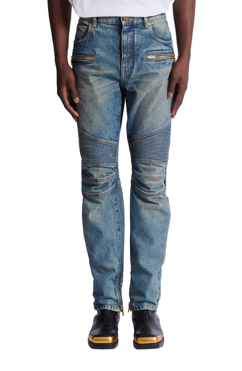 Balmain Biker jeans in vintage denim, Alternate, color, Blue
