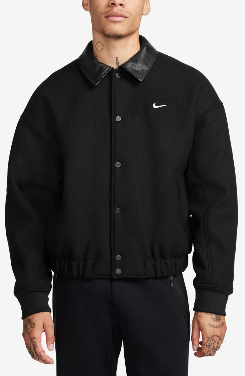Nike Solo Swoosh Oversize Wool Blend Varsity Jacket, Main, color, 
