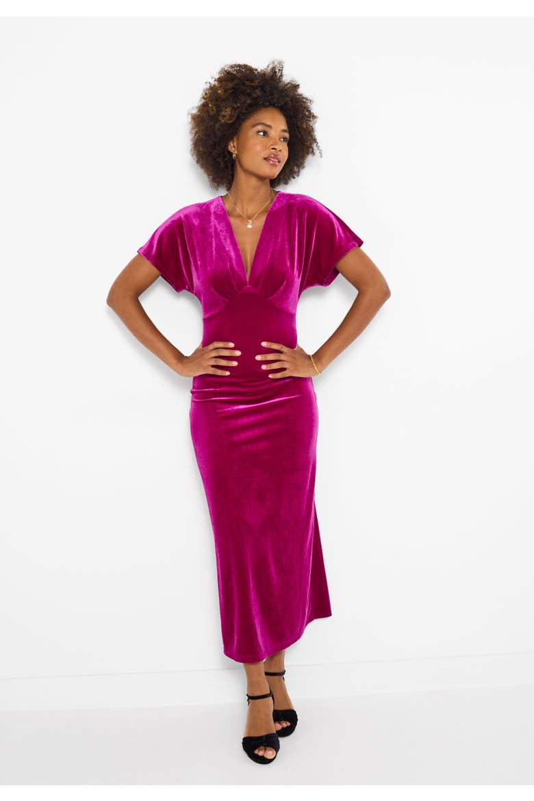 Velvet Deep V Neck Midi Dress, Main, color, HOT PINK