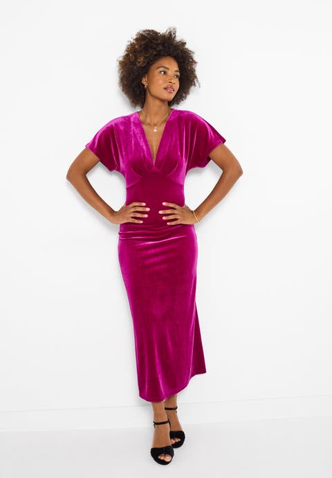 Velvet Deep V Neck Midi Dress
