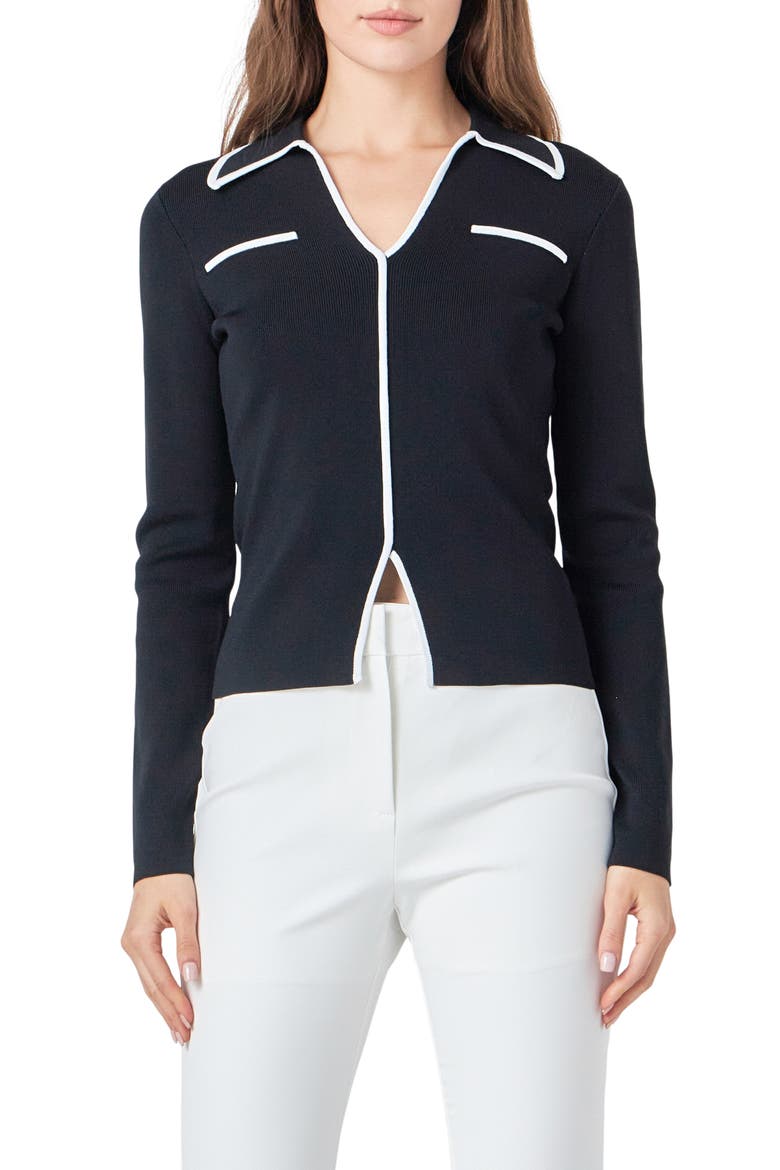Contrast Trim Long Sleeve Top, Main, color, BLACK