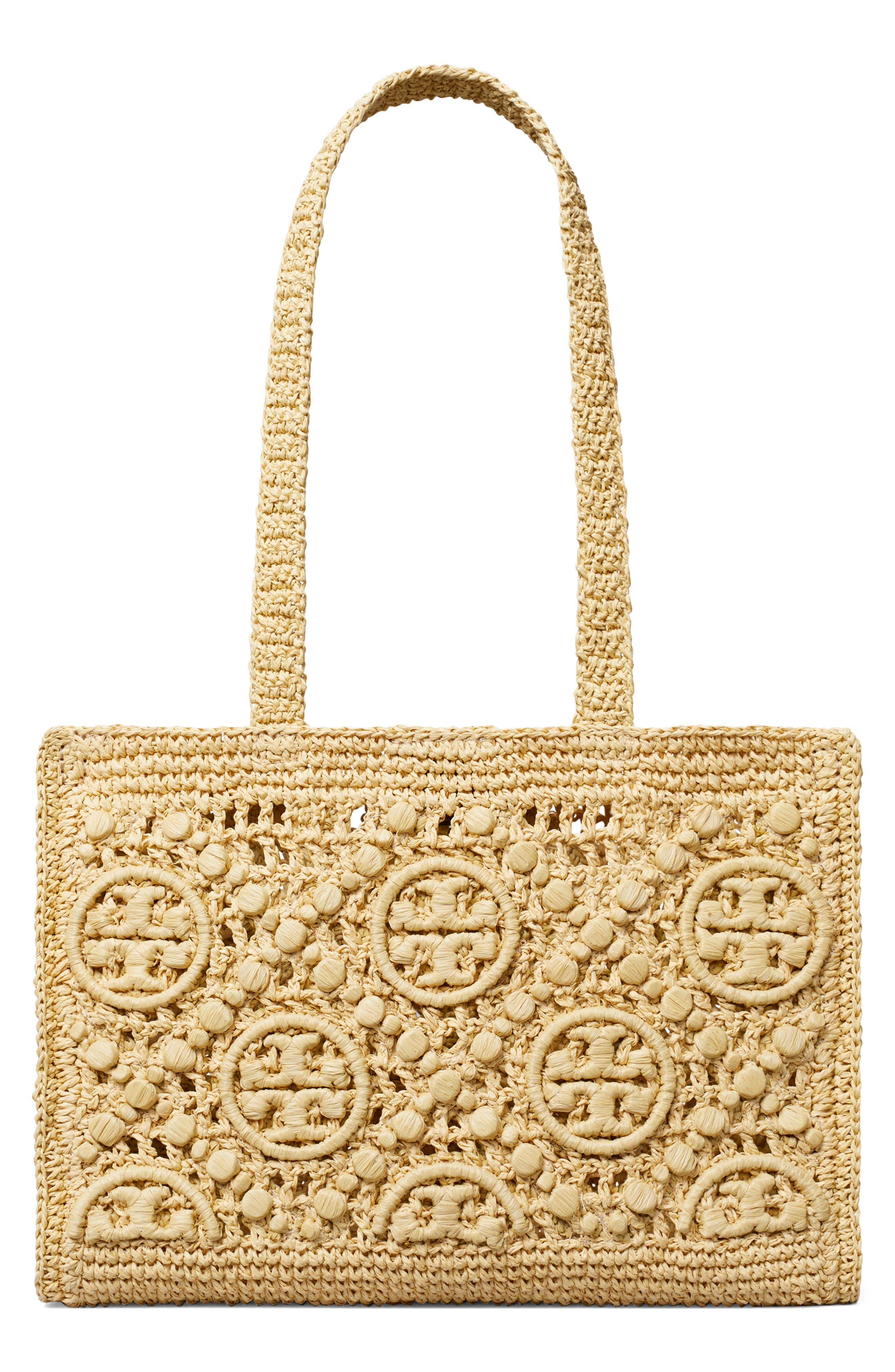 T Monogram Crochet Small Tote, Main, color, NATURAL
