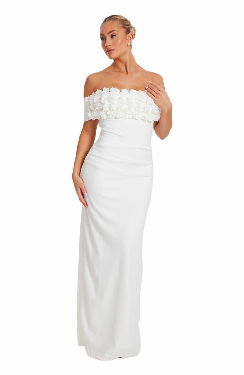 QUIZ Scuba Crepe Bardot Maxi With 3D Floral Trim, Main, color, 