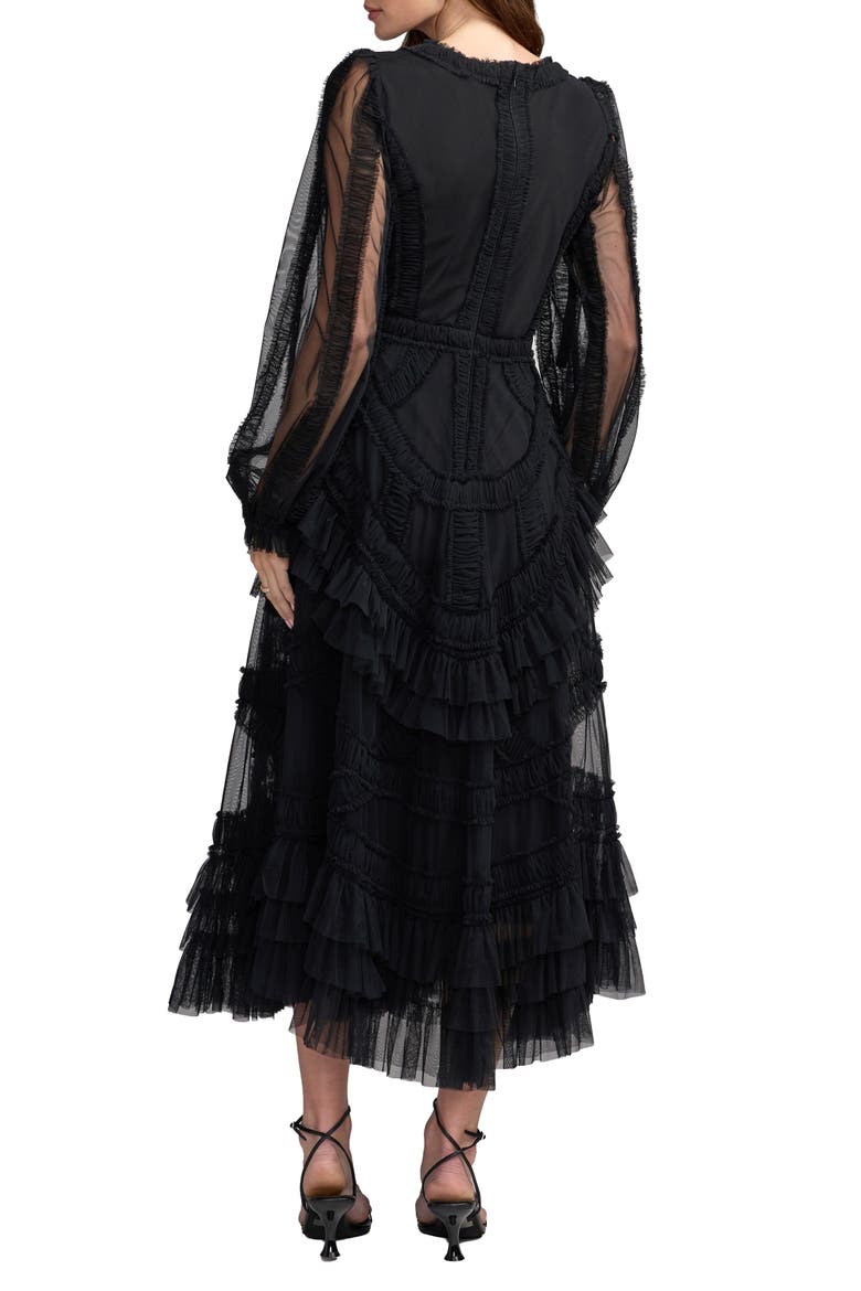 Long Sleeve V Neck Mesh Micro Ruffle Midi Dress, Alternate, color, Black