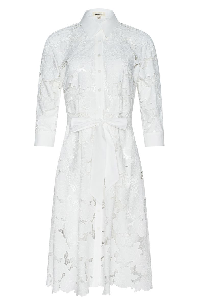 L'AGENCE May Tie Waist Lace Midi Dress, Alternate, color, Ivory