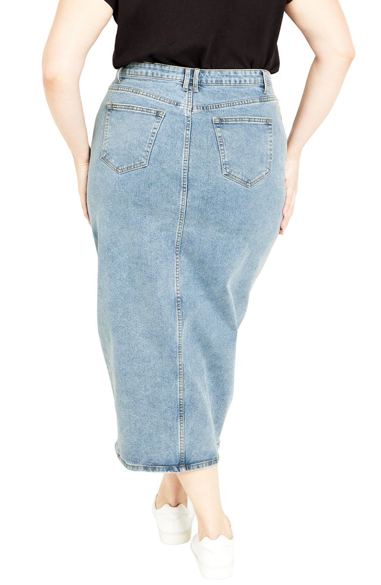 City Chic Oaklyn Front Slit Midi Denim Skirt, Alternate, color, Mid Denim