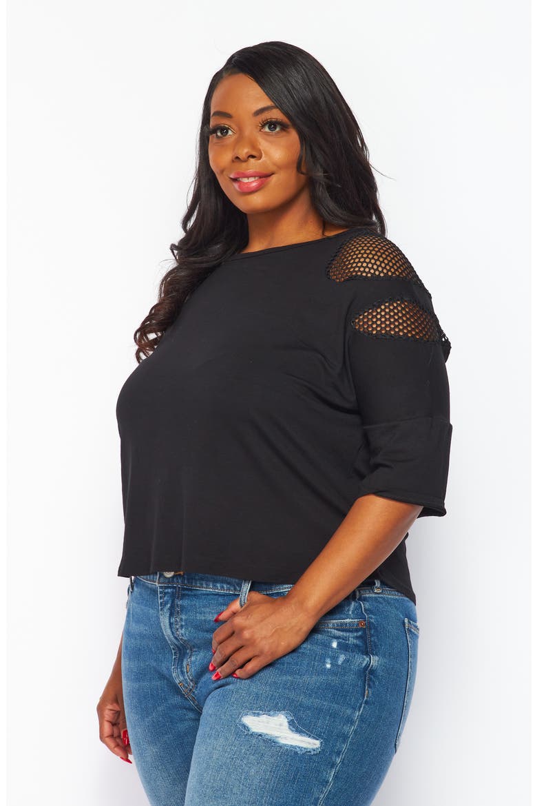 Fishnet Double Notch Sleeve T-Shirt, Alternate, color, BLACK
