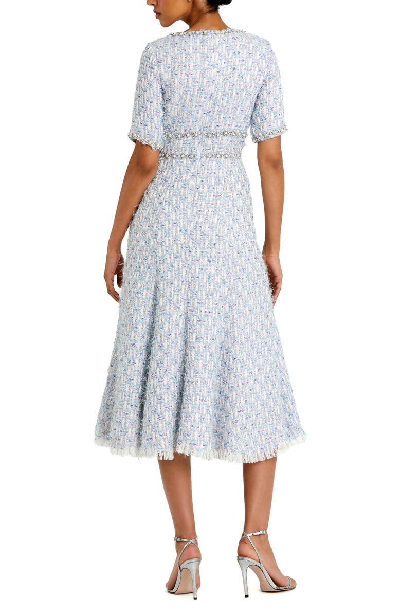 Mac Duggal Short Sleeve Beaded Trim Boucle Midi Dress, Alternate, color, Blue Multi