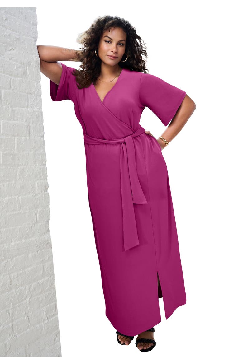 Plus Size Flutter Sleeve Wrap Maxi Dress, Main, color, RASPBERRY