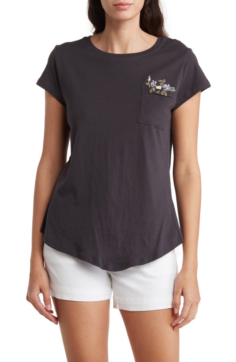 T Tahari Embroidered Cotton Pocket T-Shirt, Main, color, 
