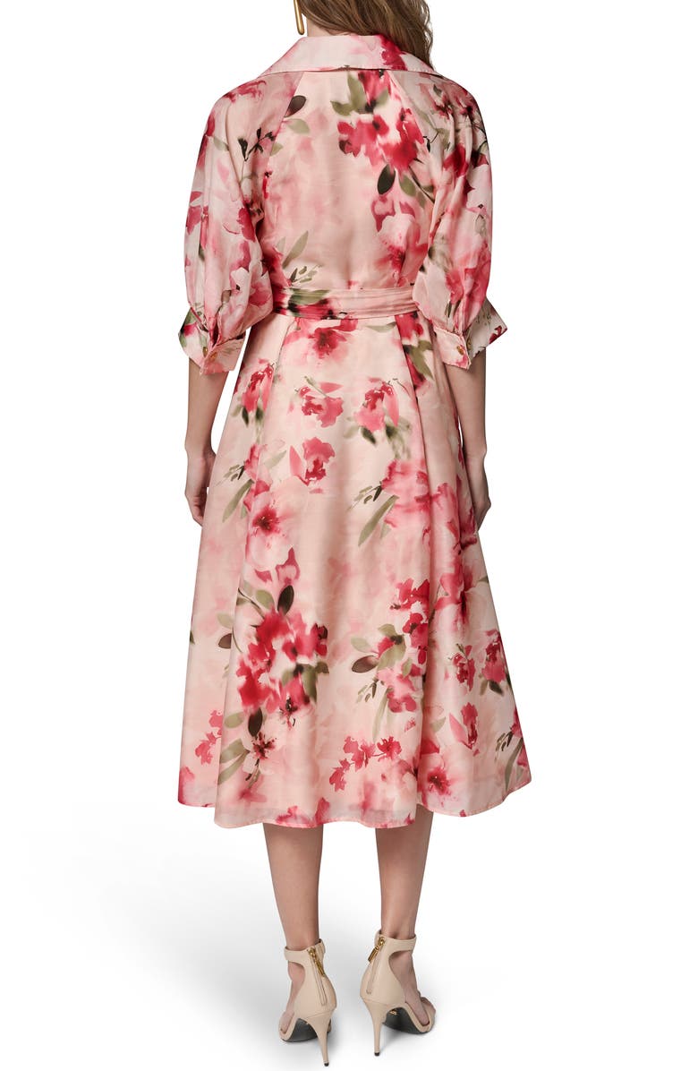 Donna Karan New York Floral Print Tie Waist Midi Shirtdress, Alternate, color, Geranium Multi