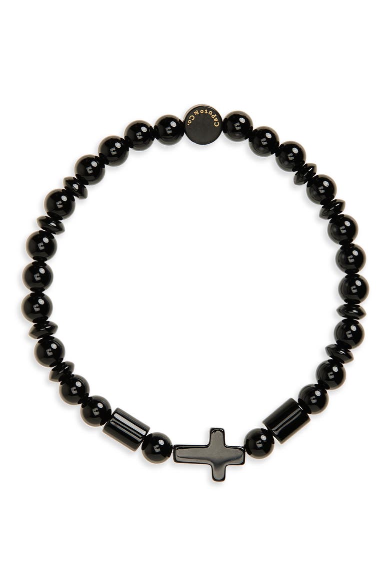 Men's Semiprecious Stone Cross Beaded Stretch Bracelet, Main, color, BLACK ONYX