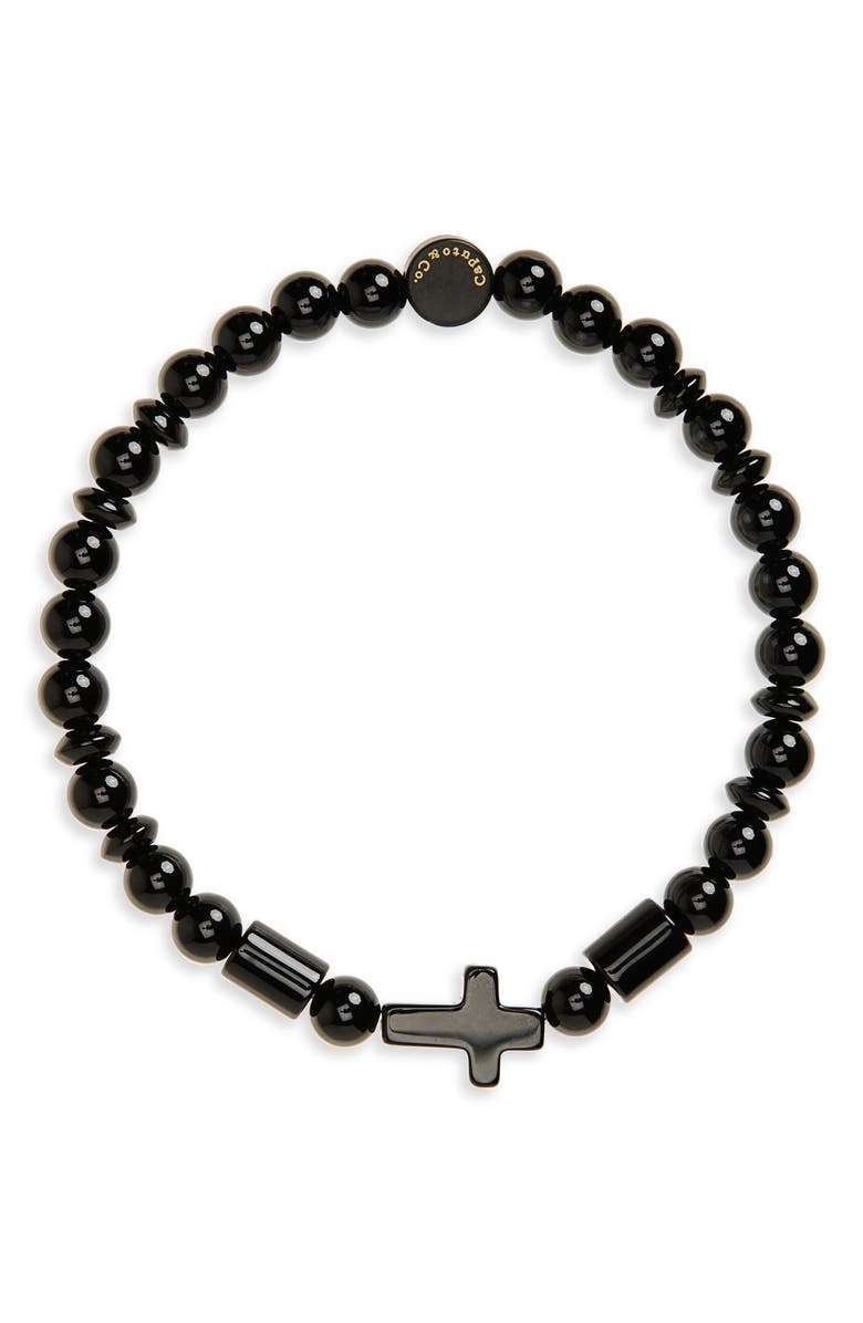 Caputo & Co. Men's Semiprecious Stone Cross Beaded Stretch Bracelet, Main, color, Black Onyx