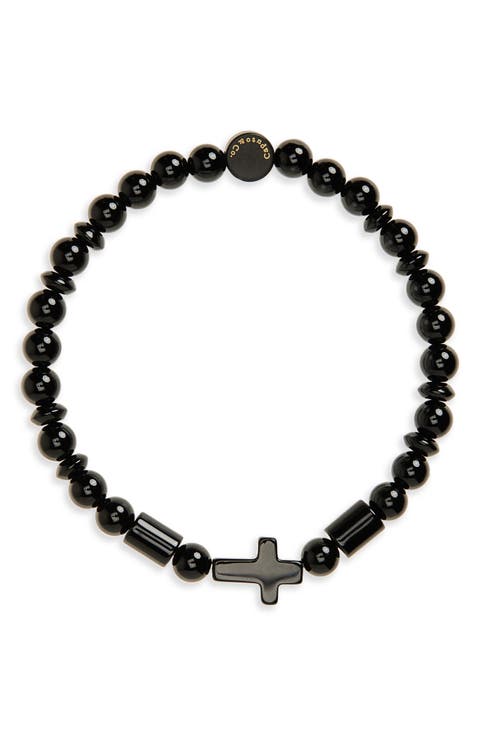 Men's Semiprecious Stone Cross Beaded Stretch Bracelet