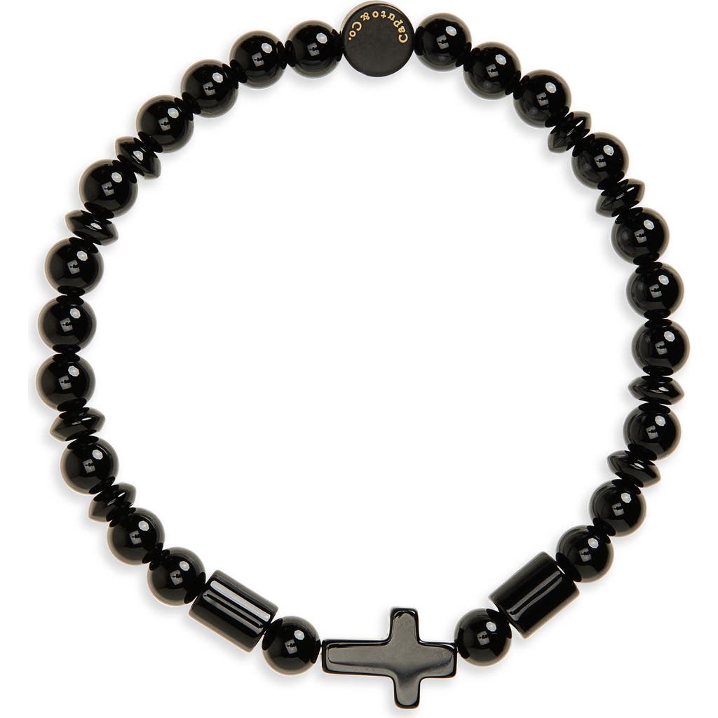 Caputo & Co Semiprecious Stone Cross Beaded Stretch Bracelet In Black
