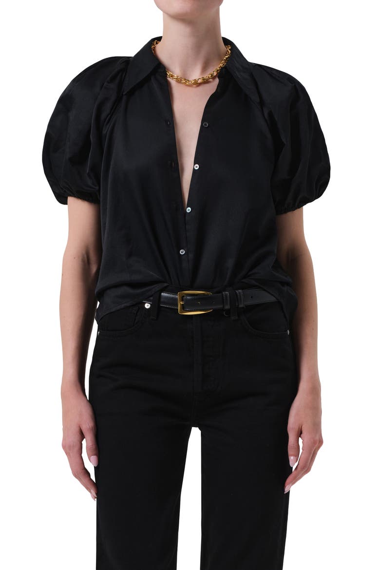 Leila Puff Sleeve Cotton & Silk Button-Up Shirt, Main, color, BLACK