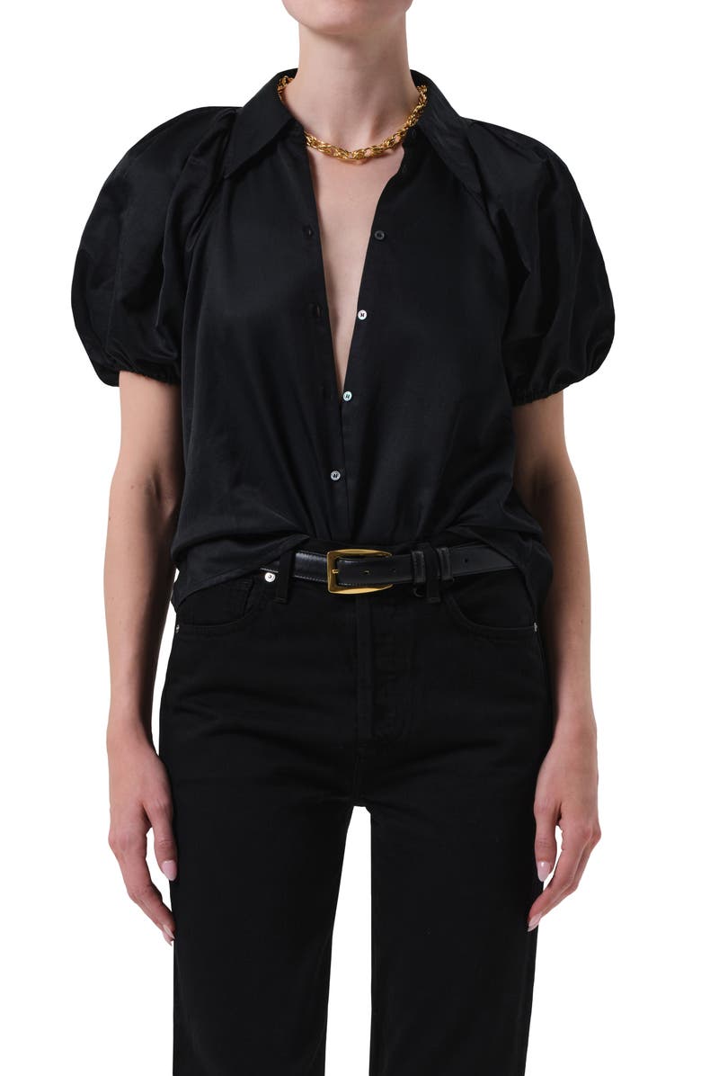 Citizens of Humanity Leila Puff Sleeve Cotton & Silk Button-Up Shirt, Main, color, Black
