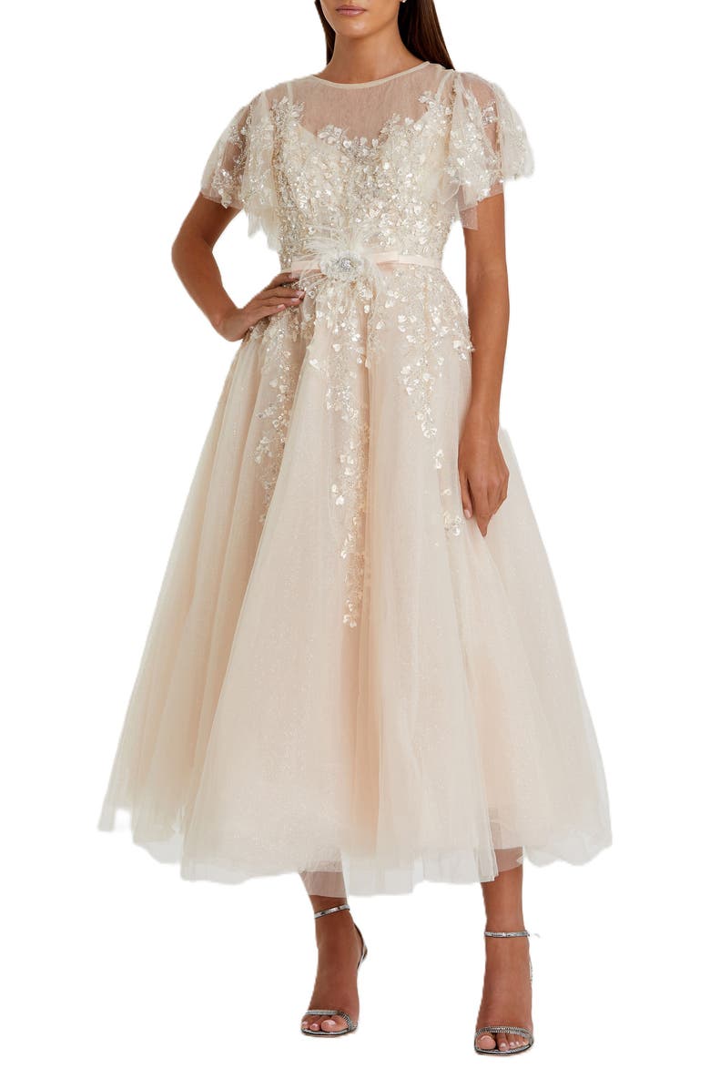 Mac Duggal Embellished Flutter Sleeve Bow Waist A Line Dress, Main, color, Nude