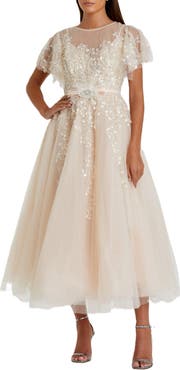 Mac Duggal Embellished Flutter Sleeve Bow Waist A Line Dress