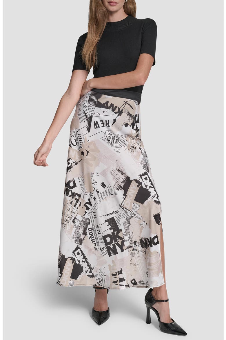 Newspaper Print Maxi Skirt, Alternate, color, DKNY HEADLINER